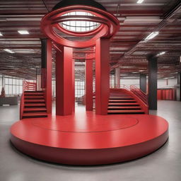 A circular ramp with an industrial design, featuring red landmark lines