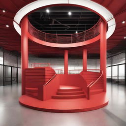 A circular ramp with an industrial design, featuring red landmark lines