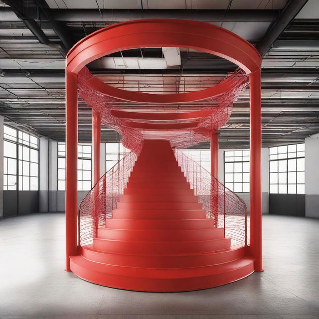 A circular ramp with an industrial design, featuring red landmark lines