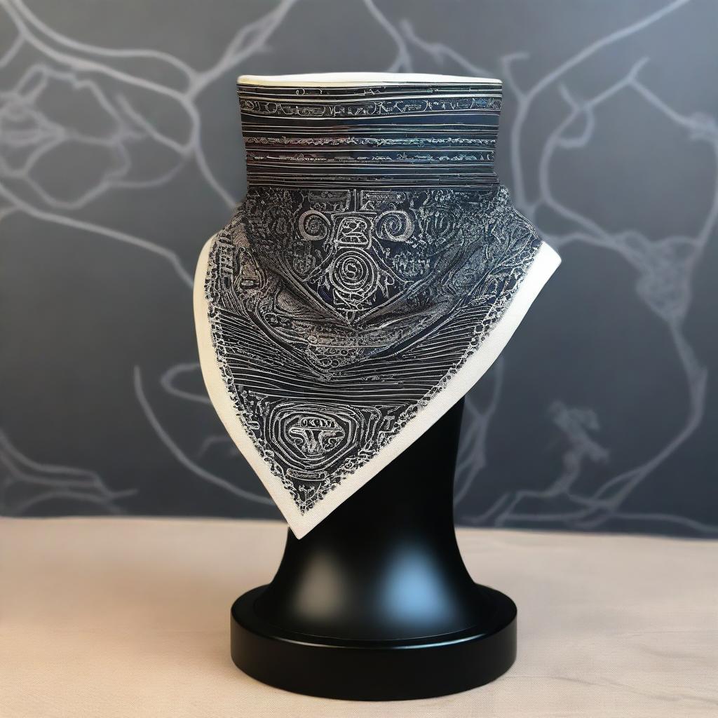 An intricately designed cowl displayed on a pedestal, inspired by DnD magic item cards