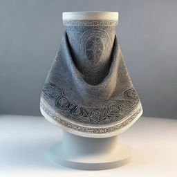 An intricately designed cowl displayed on a pedestal, inspired by DnD magic item cards