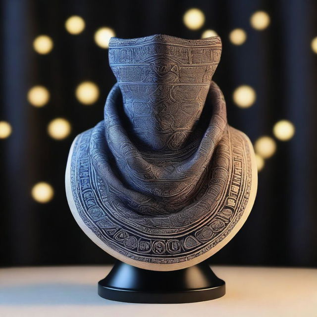 An intricately designed cowl displayed on a pedestal, inspired by DnD magic item cards