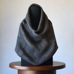 An intricately designed cowl displayed on a pedestal, inspired by DnD magic item cards