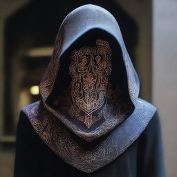 An intricately designed cowl or hood that appears to glow with magic, displayed prominently