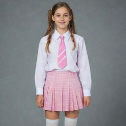 A girl wearing a pink and white schoolgirl uniform, consisting of a pleated plaid skirt, button-up shirt, and knee-high socks.