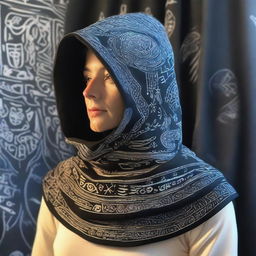 An intricately designed cowl or hood that appears to glow with magic, displayed prominently