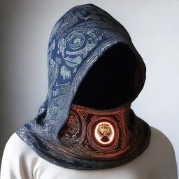 An intricately designed cowl or hood that appears to glow with magic, displayed prominently