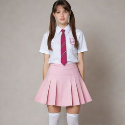 A girl wearing a pink and white schoolgirl uniform, consisting of a pleated plaid skirt, button-up shirt, and knee-high socks.