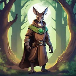 A dynamic image set in a Dungeons and Dragons fantasy setting, featuring a really cool kangaroo wearing an intricately designed cowl or hood