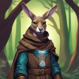 A dynamic image set in a Dungeons and Dragons fantasy setting, featuring a really cool kangaroo wearing an intricately designed cowl or hood