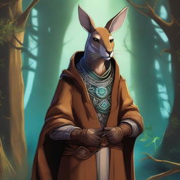 A dynamic image set in a Dungeons and Dragons fantasy setting, featuring a really cool kangaroo wearing an intricately designed cowl or hood