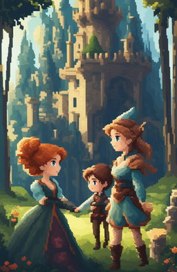 A fantasy video game poster featuring two female protagonists in a romantic, enchanted forest setting with a castle, presented in a 64-bit pixel art style