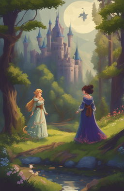 A fantasy video game poster featuring two female protagonists in a romantic, enchanted forest setting with a castle, presented in a 64-bit pixel art style