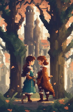 A fantasy video game poster featuring two female protagonists in a romantic, enchanted forest setting with a castle, presented in a 64-bit pixel art style