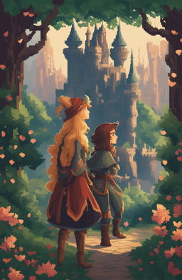 A fantasy video game poster featuring two female protagonists in a romantic, enchanted forest setting with a castle, presented in a 64-bit pixel art style