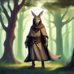 A fantastical image set in a Dungeons and Dragons fantasy setting, featuring a really cool kangaroo wearing a magical cowl or hood