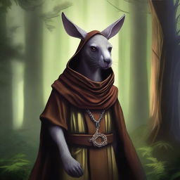 A fantastical image set in a Dungeons and Dragons fantasy setting, featuring a really cool kangaroo wearing a magical cowl or hood