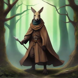 A fantastical image set in a Dungeons and Dragons fantasy setting, featuring a really cool kangaroo wearing a magical cowl or hood