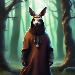 A fantastical image set in a Dungeons and Dragons fantasy setting, featuring a really cool kangaroo wearing a magical cowl or hood