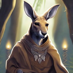 In a Dungeons and Dragons fantasy setting, a really cool kangaroo is wearing an intricately designed cowl or hood