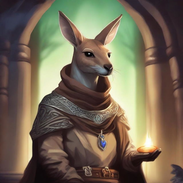 In a Dungeons and Dragons fantasy setting, a really cool kangaroo is wearing an intricately designed cowl or hood