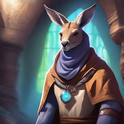 In a Dungeons and Dragons fantasy setting, a really cool kangaroo is wearing an intricately designed cowl or hood