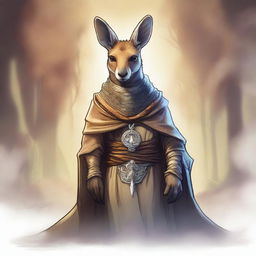 In a Dungeons and Dragons fantasy setting, a really cool kangaroo is wearing an intricately designed cowl or hood