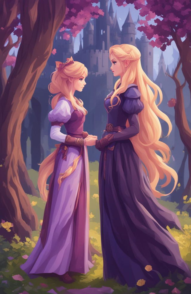 A fantasy video game poster featuring two female protagonists, one with long blonde hair in a purple dress and the other with short pink-purple hair in a matching outfit, in a romantic, enchanted forest setting with a castle, presented in a 64-bit pixel art style