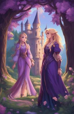 A fantasy video game poster featuring two female protagonists, one with long blonde hair in a purple dress and the other with short pink-purple hair in a matching outfit, in a romantic, enchanted forest setting with a castle, presented in a 64-bit pixel art style