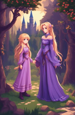 A fantasy video game poster featuring two female protagonists, one with long blonde hair in a purple dress and the other with short pink-purple hair in a matching outfit, in a romantic, enchanted forest setting with a castle, presented in a 64-bit pixel art style