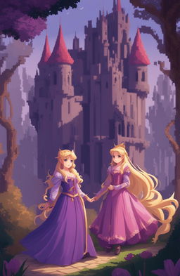 A fantasy video game poster featuring two female protagonists, one with long blonde hair in a purple dress and the other with short pink-purple hair in a matching outfit, in a romantic, enchanted forest setting with a castle, presented in a 64-bit pixel art style