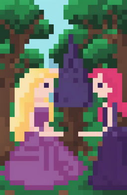 A fantasy video game poster featuring two female protagonists, one with long blonde hair in a purple dress and the other with short pink-purple hair in a matching outfit, in a romantic, enchanted forest setting with a castle, presented in a 32-bit pixel art style