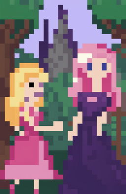 A fantasy video game poster featuring two female protagonists, one with long blonde hair in a purple dress and the other with short pink-purple hair in a matching outfit, in a romantic, enchanted forest setting with a castle, presented in a 32-bit pixel art style