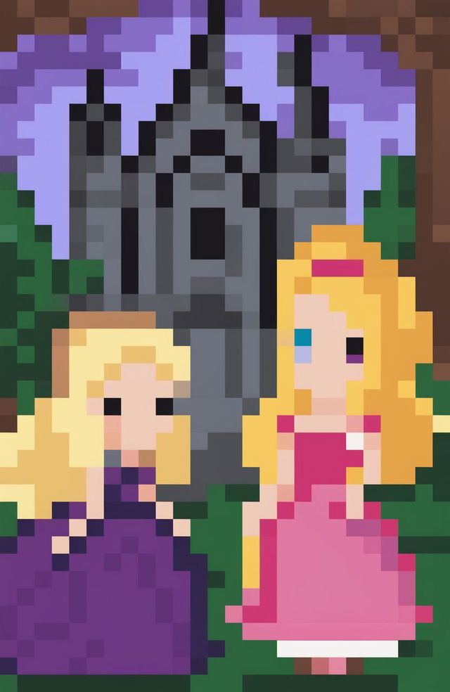 A fantasy video game poster featuring two female protagonists, one with long blonde hair in a purple dress and the other with short pink-purple hair in a matching outfit, in a romantic, enchanted forest setting with a castle, presented in a 32-bit pixel art style