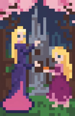 A fantasy video game poster featuring two female protagonists, one with long blonde hair in a purple dress and the other with short pink-purple hair in a matching outfit, in a romantic, enchanted forest setting with a castle, presented in a 32-bit pixel art style