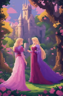 A fantasy video game poster featuring two female protagonists, one with long blonde hair in a purple dress and the other with short purple hair in a pink outfit, in a romantic, enchanted forest setting with a castle, presented in a 48-bit pixel art style