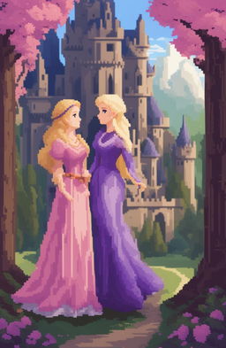 A fantasy video game poster featuring two female protagonists, one with long blonde hair in a purple dress and the other with short purple hair in a pink outfit, in a romantic, enchanted forest setting with a castle, presented in a 48-bit pixel art style