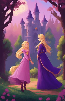 A fantasy video game poster featuring two female protagonists, one with long blonde hair in a purple dress and the other with short purple hair in a pink outfit, in a romantic, enchanted forest setting with a castle, presented in a 48-bit pixel art style