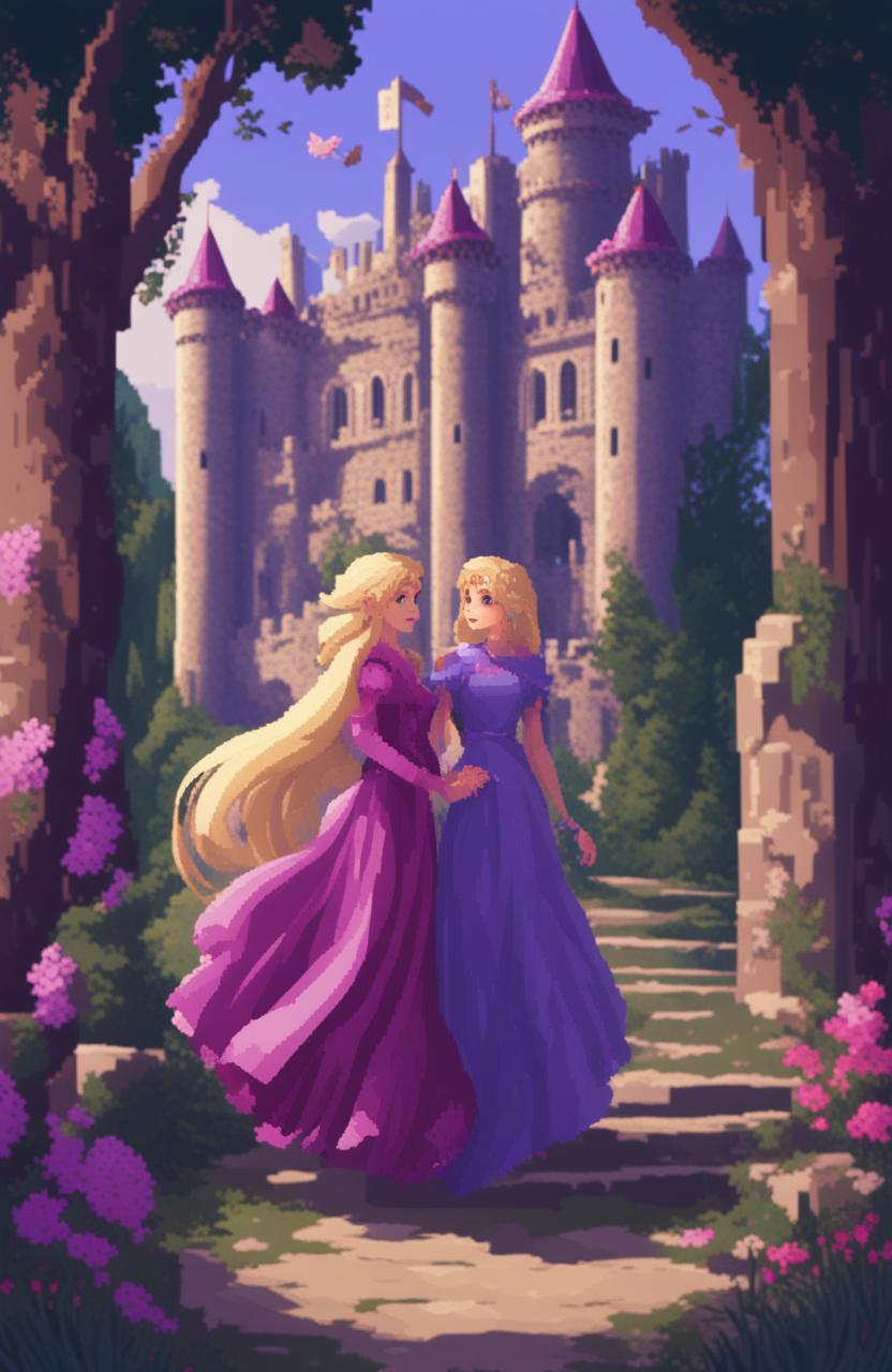 A fantasy video game poster featuring two female protagonists, one with long blonde hair in a purple dress and the other with short purple hair in a pink outfit, in a romantic, enchanted forest setting with a castle, presented in a 48-bit pixel art style