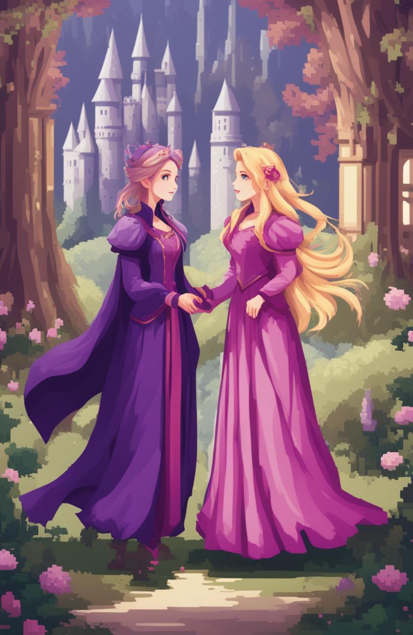 A fantasy video game poster featuring two female protagonists, one with long blonde hair in a purple dress and the other with short purple hair in a pink outfit, in a romantic, enchanted forest setting with a castle, presented in a 48-bit pixel art style