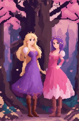 A fantasy video game poster featuring two female protagonists, one with long blonde hair in a purple dress and the other with short purple hair in a pink outfit, in a romantic, enchanted forest setting with a castle, presented in a 48-bit pixel art style