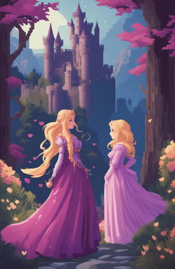 A fantasy video game poster featuring two female protagonists, one with long blonde hair in a purple dress and the other with short purple hair in a pink outfit, in a romantic, enchanted forest setting with a castle, presented in a 48-bit pixel art style