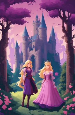 A fantasy video game poster featuring two female protagonists, one with long blonde hair in a purple dress and the other with short purple hair in a pink outfit, in a romantic, enchanted forest setting with a castle, presented in a 48-bit pixel art style