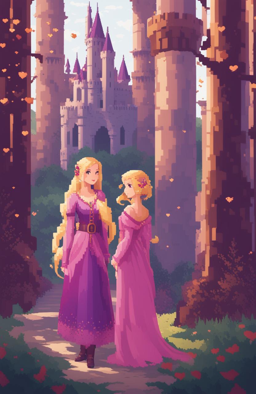 A fantasy video game poster featuring two female protagonists, one with long blonde hair in a purple dress and the other with a pixie cut and purple hair in a pink outfit, in a romantic, enchanted forest setting with a castle, presented in a 48-bit pixel art style