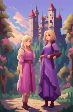 A fantasy video game poster featuring two female protagonists, one with long blonde hair in a purple dress and the other with a pixie cut and purple hair in a pink outfit, in a romantic, enchanted forest setting with a castle, presented in a 48-bit pixel art style