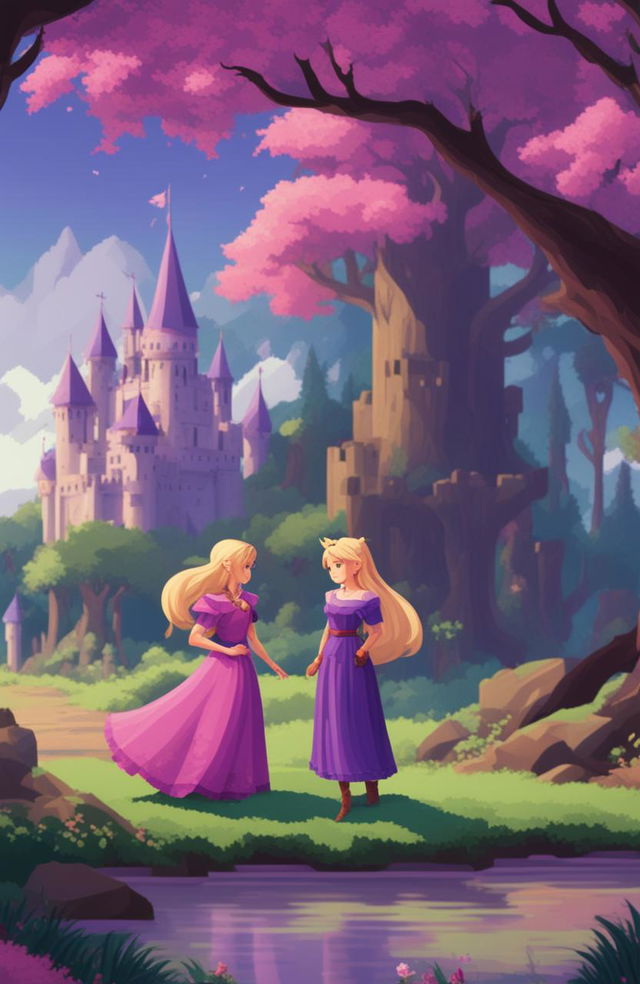 A fantasy video game poster featuring two female protagonists, one with long blonde hair in a purple dress and the other with a pixie cut and purple hair in a pink outfit, in a romantic, enchanted forest setting with a castle, presented in a 48-bit pixel art style