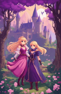 A fantasy video game poster featuring two female protagonists, one with long blonde hair in a purple dress and the other with a pixie cut and purple hair in a pink outfit, in a romantic, enchanted forest setting with a castle, presented in a 48-bit pixel art style