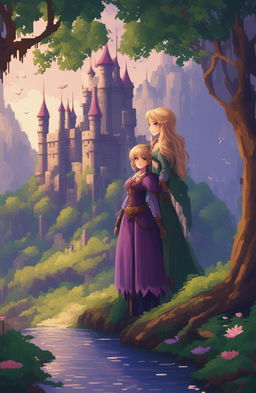 A fantasy video game poster featuring two female protagonists, one with short purple hair and the other with long blonde hair and a fringe, in a romantic, enchanted forest setting with a castle, presented in a 48-bit pixel art style