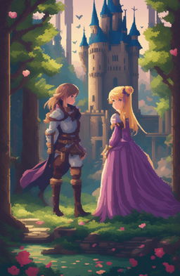 A fantasy video game poster featuring two female protagonists, one with short purple hair and the other with long blonde hair and a fringe, in a romantic, enchanted forest setting with a castle, presented in a 48-bit pixel art style