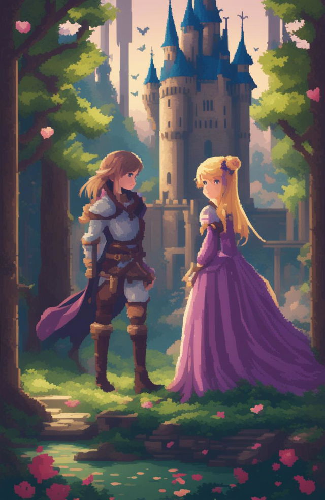 A fantasy video game poster featuring two female protagonists, one with short purple hair and the other with long blonde hair and a fringe, in a romantic, enchanted forest setting with a castle, presented in a 48-bit pixel art style